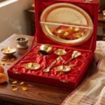 Pooja Thali Set with Red Gift Box Very Small 6 Inch Pital Plate Kalash Spoon Chandan Wati Dhup Dan Kuber Diya Ghanti Puja Arti Thali for Diwali Home Office Mandir Wedding Return Gifts